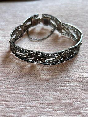 Antique .835 Sterling Silver Filigree Vintage Panel Link Bracelet 7.5”